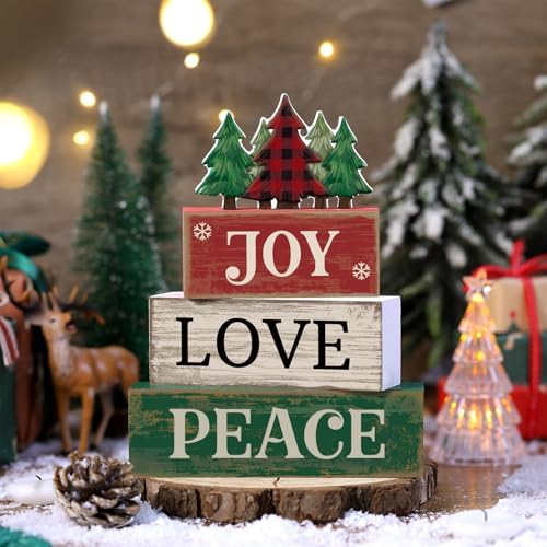 Lineshading 4 Pcs Christmas Table Decor Christmas Tree Block Signs Joy Love