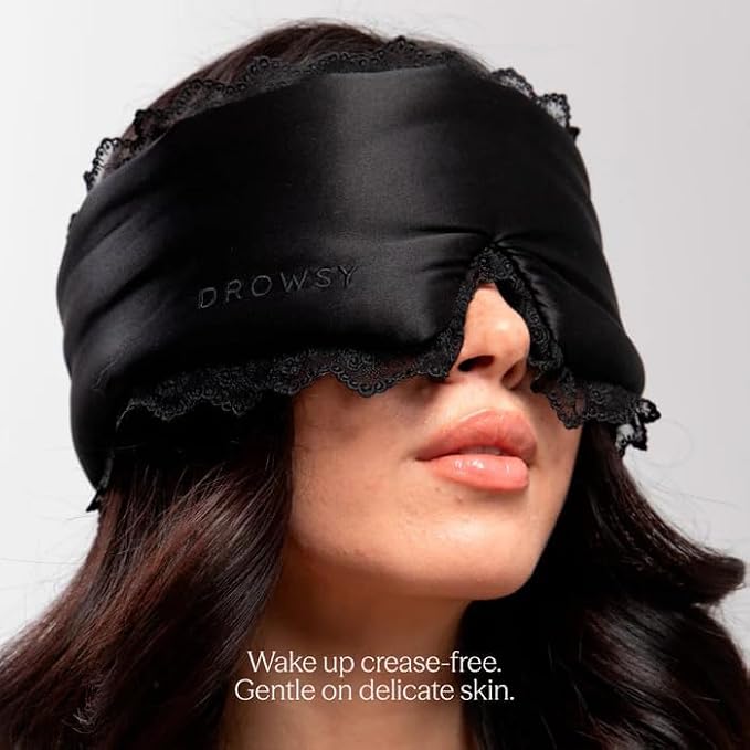 DROWSY Silk Sleep Mask. Face-Hugging, Padded Silk Cocoon for Luxury Sleep in Total Darkness, Black Lace, 1 Count (Pack of 1)