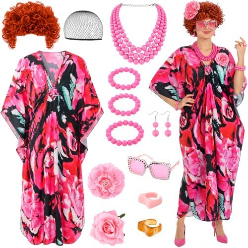 Halloween Women Landlady Costume Caftan Dress Curly Wig Jewelry & Sunglass