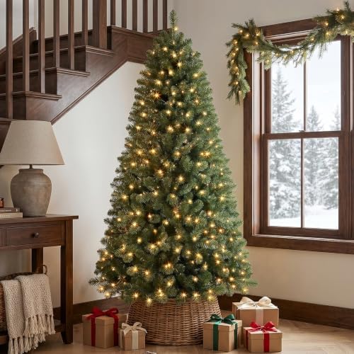 Alupssuc 7.5FT Prelit Christmas Tree, Warm White Lights, Hinged Branches