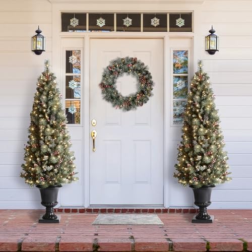 Glitzhome Artificial Christmas Tree, 6 FT Pre-Lit Frosted Pine Cones and Red Berries Christmas Porch Tree with 200 Warm White Lights for Indoor Porch of Home and Office