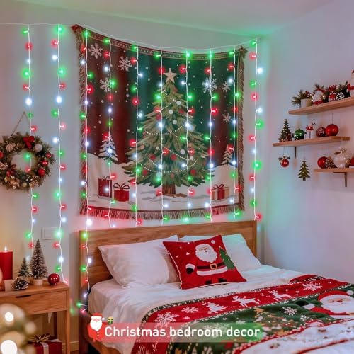 JMEXSUSS 300LED Red White and Green Christmas Curtain Lights with Remote