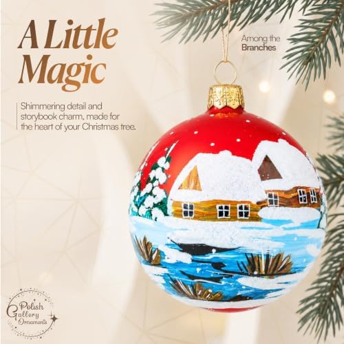 Polish Hand Blown Glass Christmas Ornaments Ball, Cottage Red Blue 5 in