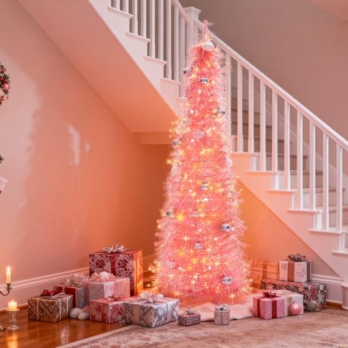 Christmas Tree 6FT Artificial Xmas Decor Pop Up with Decoration Pink