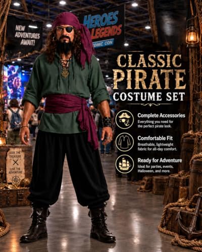 10PCS Pirate Costume for Men, Renaissance Medieval Viking Outfit for Halloween Cosplay with Shirt Pants Jewelry