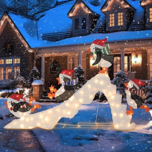 7 FT Lighted Christmas Penguin On Slide, Pre‑Lit Outdoor Yard Decor