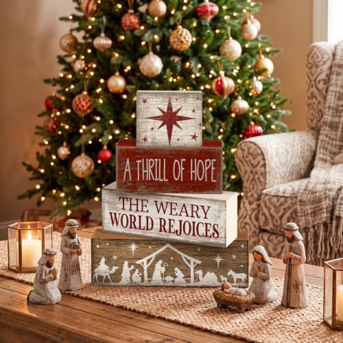 Lineshading 4 Pcs Christmas Table Decorations, Nativity Star Wooden Signs