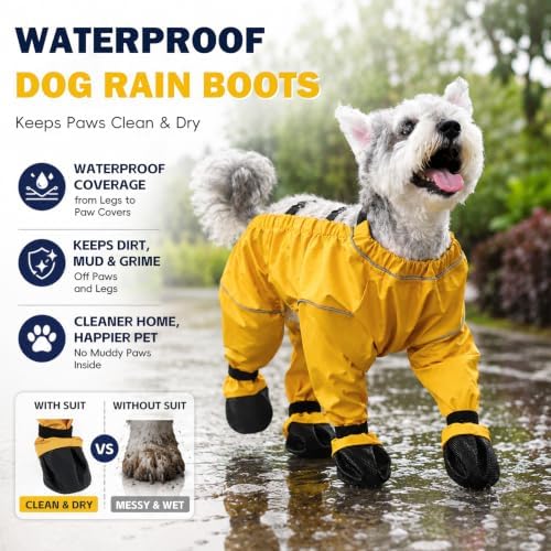 Waterproof Dog Boots Rain Boots with Suspender, Dogs Shoes Paw Protector for Small Medium Puppy, Anti-Slip Doggy Boot Belly Protector, Rain Booties Snow Pants Dogs Suspender Booties Leggings(M,yellow)