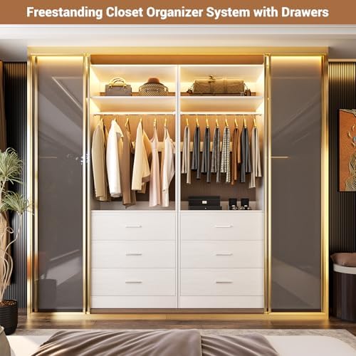Besiost Freestanding Closet System with 3 Drawers, Wood Closet Organizer