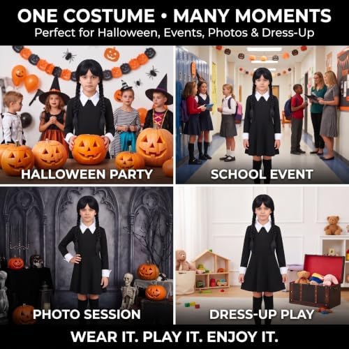 Girls Halloween Black Dress with Wig Necklace Cosplay Costume Set
