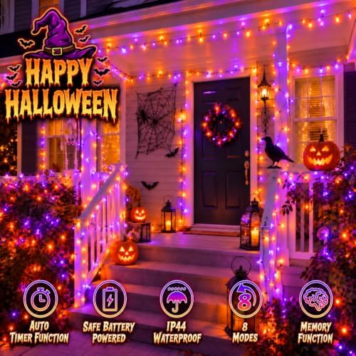 2 Pack 200 LED Battery Operated Halloween Lights, String Lights Green Wire
