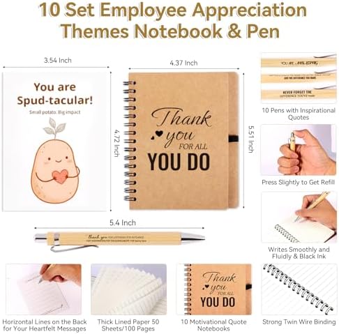 60 PCS/10 Sets Teacher Employee Appreciation Gifts Bulk – Thank You Gifts for Coworkers with Kraft Paper Gift Bags,Greeting Card,Inspirational Notebooks,Phone Stand,Team Gift for Staff, Nurse, Office