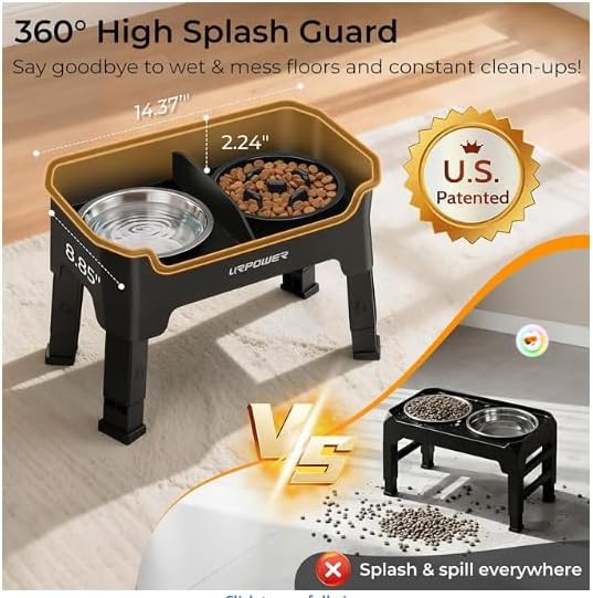 URPOWER Elevated Dog Bowls for Small Dogs, 3-in-1 Raised Stand | No Spill Water Bowl, Slow Feeder Dog Bowls, Non-Slip Food and Water Bowl Set for Small, Medium & Large Dogs