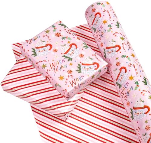 WRAPAHOLIC 30 Inch Jumbo Reversible Christmas Wrapping Paper - 30 Inch x 100 Feet Jumbo Roll Santa Claus Cup and Stripe Wrapping Paper for Chrsitmas, Holiday, Party Celebration