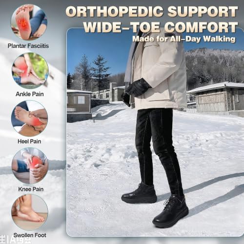 OrthoComfoot Orthopedic Diabetic Winter Leather Ankle Boots for Men, Comfortable Casual Wide Width Arch Support Warm Snow Boots for Relief Plantar Fasciitis, Bunions, Swollen Feet & Foot Pain