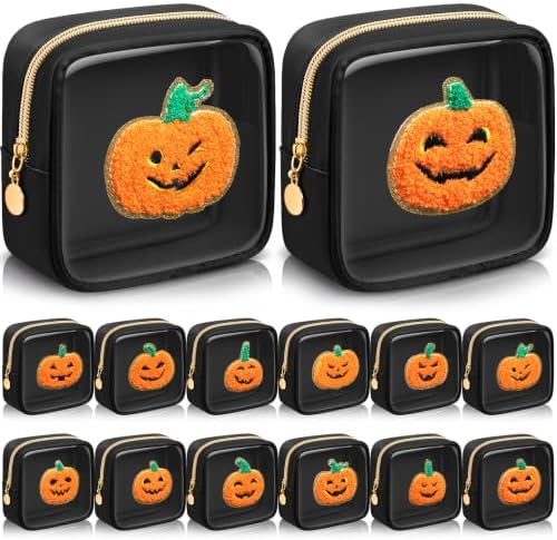 Abbylike 12 Pcs Halloween Preppy Patch Makeup Bags Bulk Polyester Holiday Makeup Bag Skincare Pouch Zipper Cosmetic Pouch Preppy Thing for Travel Halloween Women Gift (Frosted, Assorted Colors)