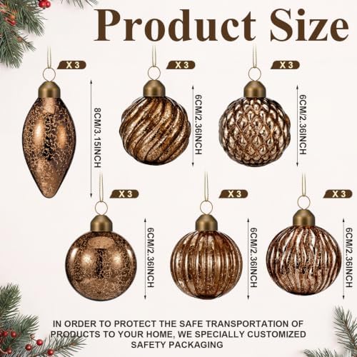 Syhood 18 Pcs Brown Christmas Mercury Glass Balls Ornaments, 6 Styles