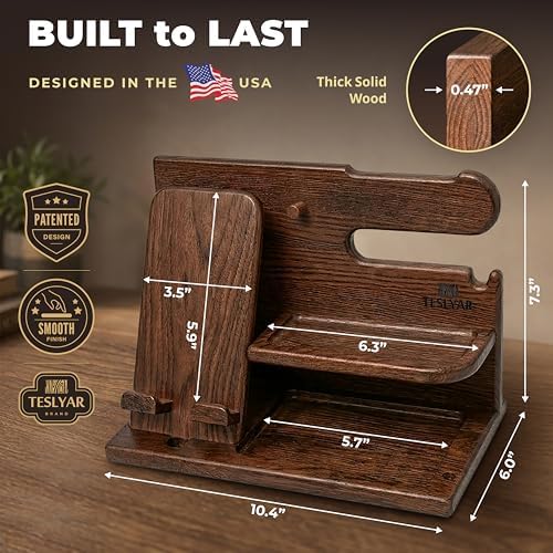 TESLYAR Wood Phone Docking Station for Men - Desk or Nightstand Organizer - Birthday Gifts for Husband, Dad - Anniversary Idea from Wife - Key Holder, Stand Wallet, Watch & Essentials (Bourbon Brown)