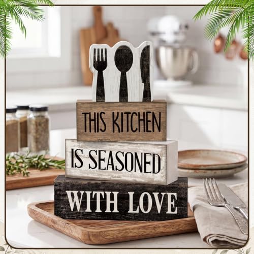 Moucuny 4 Pcs Kitchen Decor Wooden Signs, Farmhouse Tableware Tiered