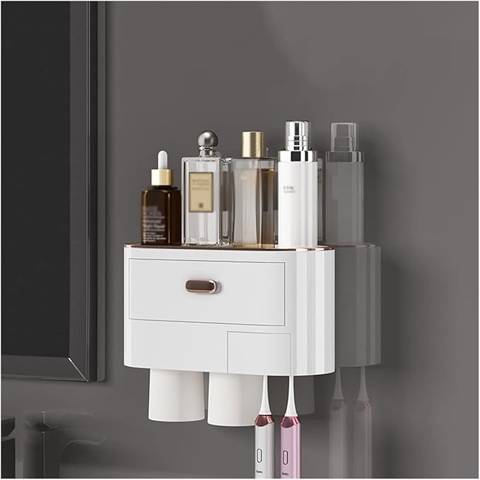 Toothbrush Rack Wall-Mounted Toothbrush Holder Punch-Free Multifunctional Storage Rack with Mouthwash Cup Toothpaste Squeezer Kit Bathroom Toothbrush Holder(A,Small)