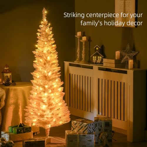 HOMCOM 5' Tall Pre-Lit Slim Artificial Pencil Christmas Tree 294 Tips Pink