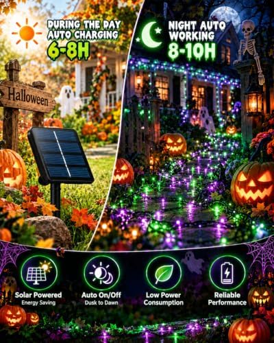 OZS Solar Halloween Lights Outdoor, Purple and Green 2 Pack 240LED