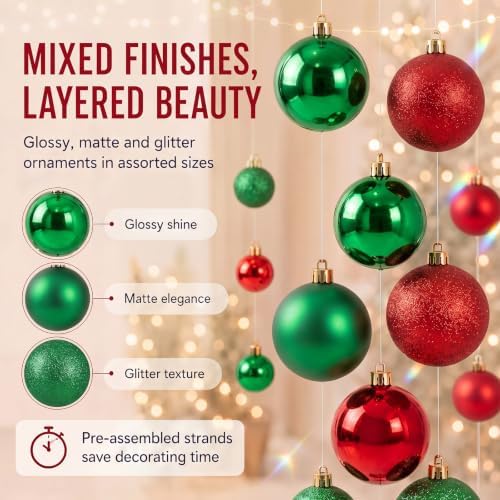 6 Pcs Christmas Ball Garland 6.6 ft Hanging Ornaments Strand, Red and Green
