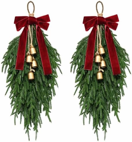 Christmas Teardrop Swag, Christmas Pine Needles Front Door Wreath,Bow Bells