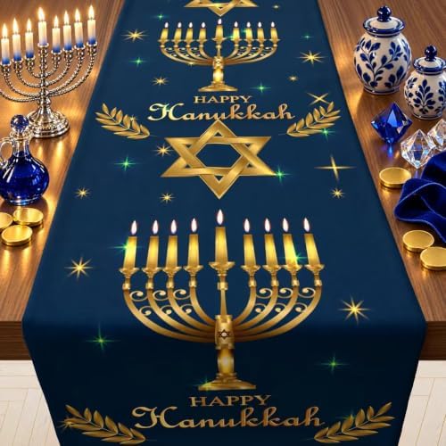 Hanukkah Decorations - Navy Blue Gold Hanukkah Table Runner
