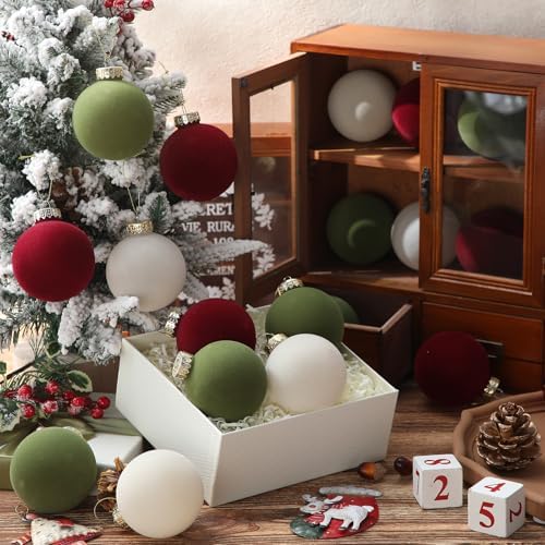 Gemscream 30 Pcs Velvet Christmas Balls, 3.15" Flocked Ornaments, red Green