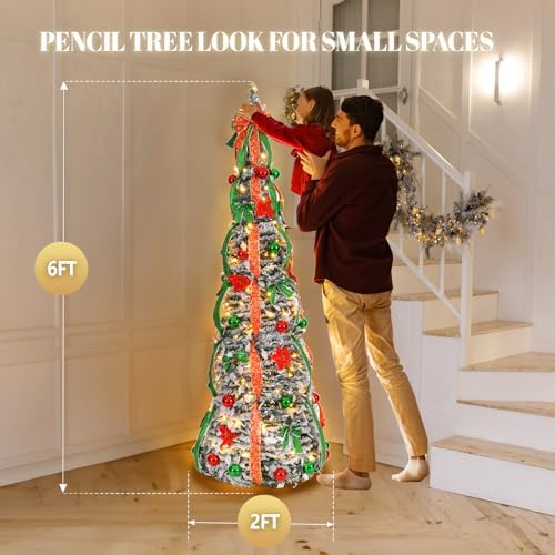 VINGLI 6ft Pre-Lit Pop Up Christmas Tree with 150 Lights, Fully Decorated Flocked Pencil Collapsible Tree for Holiday Party Decorations (Red & Green)