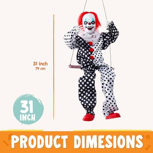 JOYIN Scary Halloween Decorations Outdoor, Halloween Hanging Swinging Animatronic Clown with Scary Sound and Moving Body, Sound Activated Outdoor Swinging Ghost with Light Up Eyes for Indoor Outside