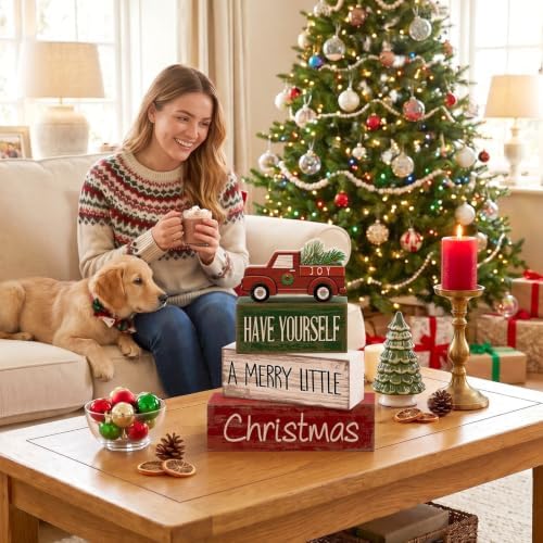 Lineshading 4 Pcs Wooden Christmas Tabletop Decor Red Truck Tiered Tray Decor Christmas Centerpiece Decorative Red Truck Block Signs Gift Farmhouse Winter Table Decoration for Home Kitchen Shelf