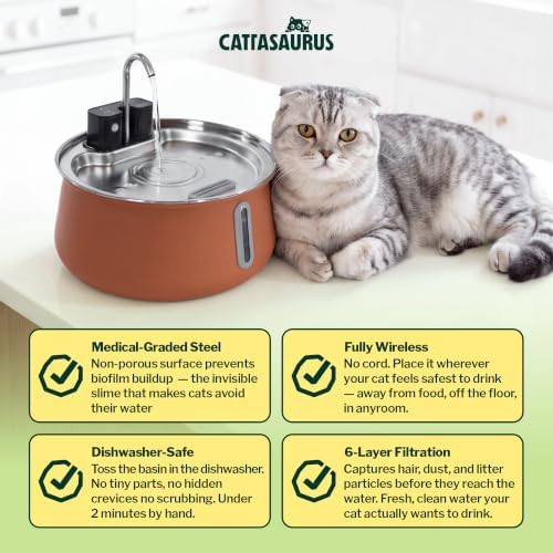Cattasaurus Wireless 304 Stainless Steel Cat Water Fountain with Filtration, Automatic Water Dispenser for Cats, 135oz Large Capacity, Dishwasher Safe (Coffee, Fountain + 14 Filters (3-Month Supply))