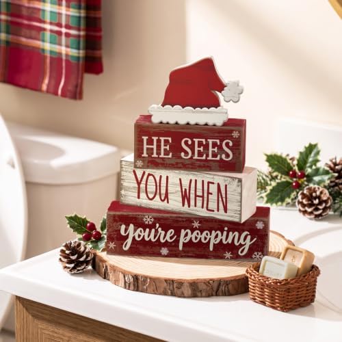 Moucuny 4 Pcs Christmas Bathroom Decorations, Funny Christmas Wooden Signs