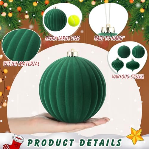 Civaner Large Velvet Christmas Ball Ornaments Vintage Christmas Plastic Ball Ornaments Flocked Xmas Tree Hanging Decoration for Xmas Party Decor(6 Inch,Green,4 Pcs)