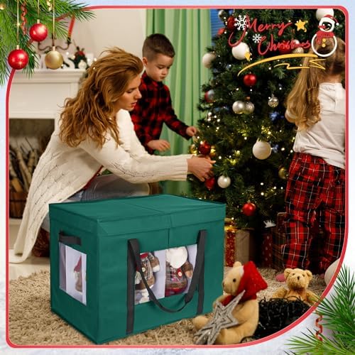Christmas Figurine Storage Box, 24”x18”x15” Ornament Storage Box, 2025 UpgradeNutcracker Storage Box, Figurine Storage with Dividers, Adjustable Extent Area for Figurines and Pocket, Green
