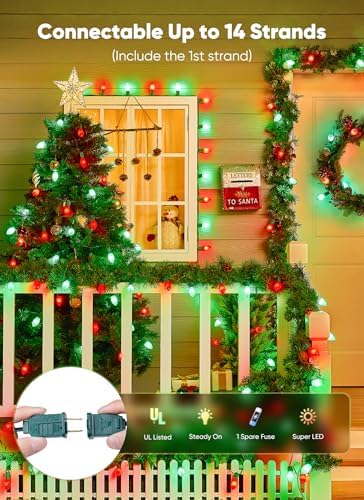 Minetom 50Ft Christmas Lights Outdoor, 50 LED Matte Bulbs, Red and Green