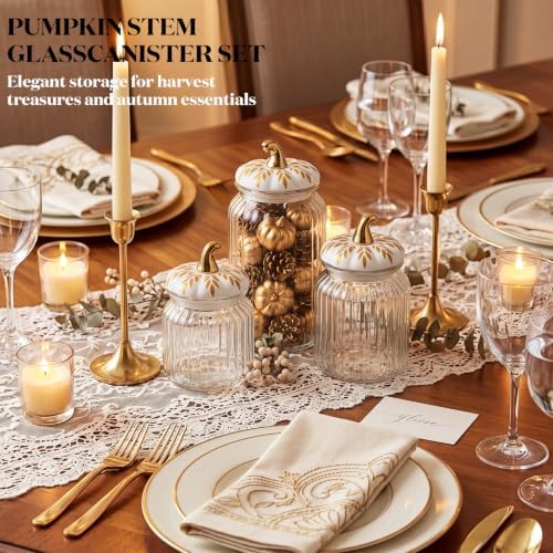 Mimorou 3 Set Fall Pumpkin Glass Jar with Pumpkin Airtight Ceramic Lid 44 oz 33 oz 22oz Clear Candy Jar Food Storage Canister for Thanksgiving Party Tea Cookie Table Decoration (White and Gold B)