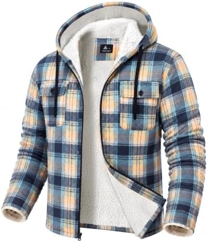 GEEK LIGHTING Men's Flannel Shirts Jacket Sherpa Lined Plaid Zipper Hoodie