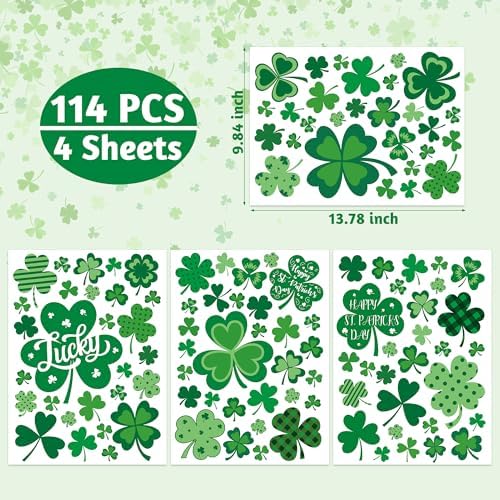 120 PCS St Patricks Day Decorations, 4 Sheets St Patricks Day Window Clings with Polka Dots Stripes Plaid Patterns, Double-Sided Green Party Decorations, Shamrock Window Clings for Home Decor