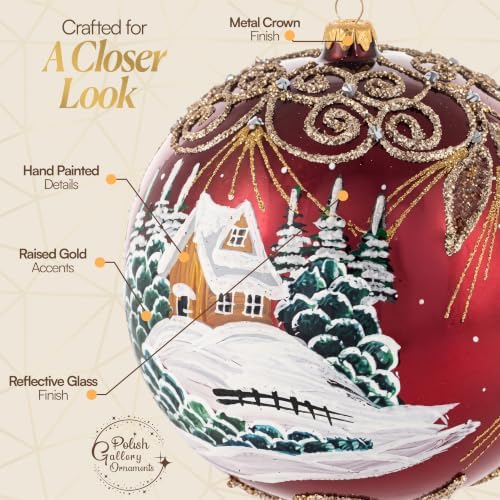 Hand Blown Glass Christmas Ornaments Ball, Chapel Cranberry 8 in + Stand