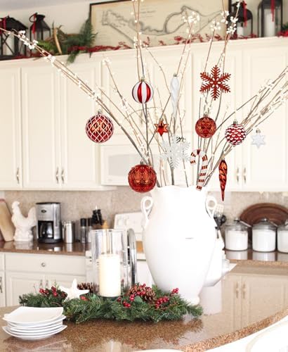 Briful 80ct Red & White Christmas Balls Ornament Set, Plastic Shatterproof Christmas Ornament Balls with Tree Topper Candy Canes Snowflakes for Xmas Tree Wreath Garland Decor