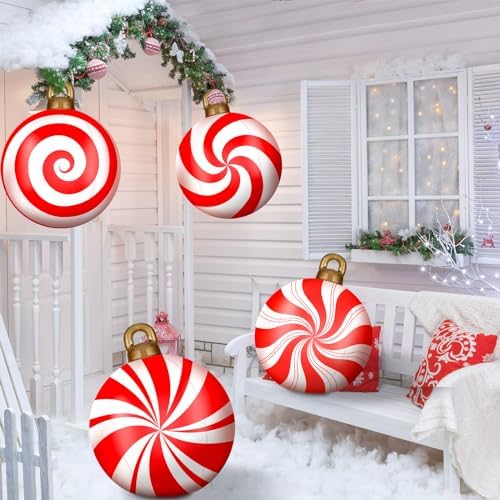 Jetec 4 Pcs Giant Inflatable Christmas Ball, Candy, Red, White