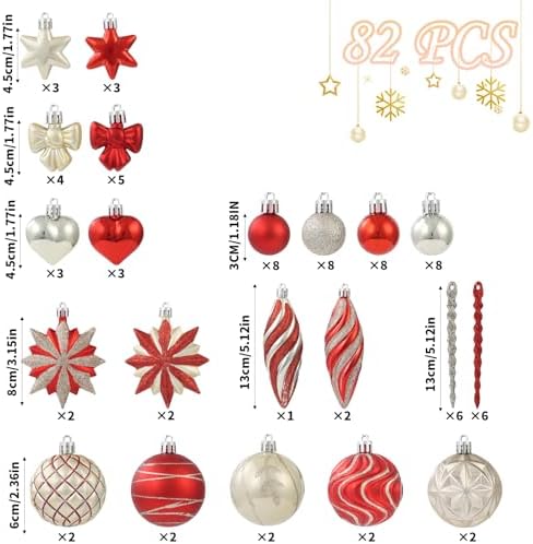 82Pcs Red and Gold Christmas Ornaments Set, Shatterproof Plastic Christmas Decorations for Tree Assorted Baubles Xmas Ball Ornaments for Holiday Party Decor (Red&Gold)