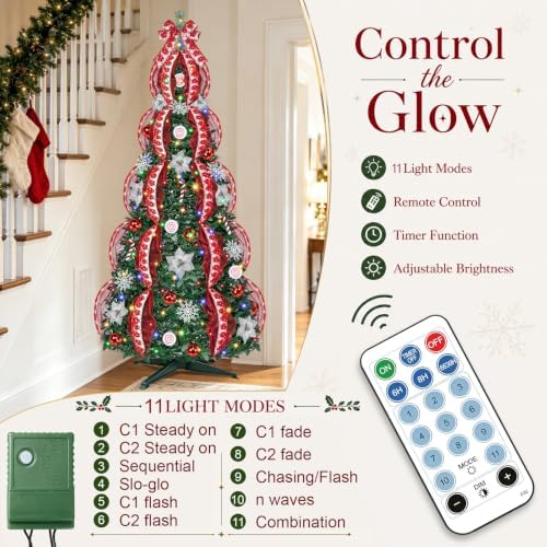 6 Ft Pop up Christmas Tree,Collapsible Christmas Tree with Lights 200 LED Pre-Lit Christmas Trees Plug-in with Remote Timer 8 Lighting Modes for Outdoor Indoor Party Christmas Decor