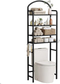 4-Tier Over The Toilet Storage, Bathroom Organizer, Space-Saving, 72" H Above Toilet Storage Rack with 4 Hooks and Paper Holder, Metal Shelf, Black