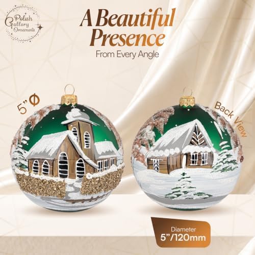 Polish Hand Blown Glass Christmas Ornaments Ball, Chapel Green 5 in