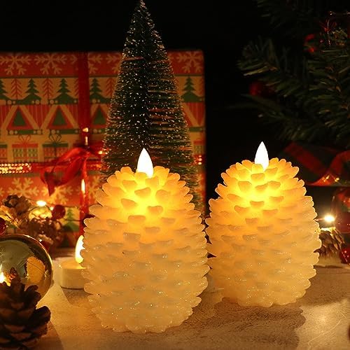 Wondise Pine Cone Flameless Flickering Candles with Remote and Timer