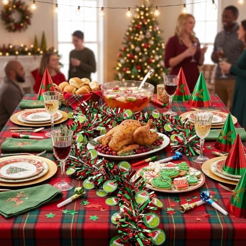 50 Feet Red Green Christmas Tinsel Garland, Metallic Foil Hanging Garland with Cartoon Character Cutouts, Xmas Decor for Fireplace Mantel Tree Railing Wall Holiday Party Decorations